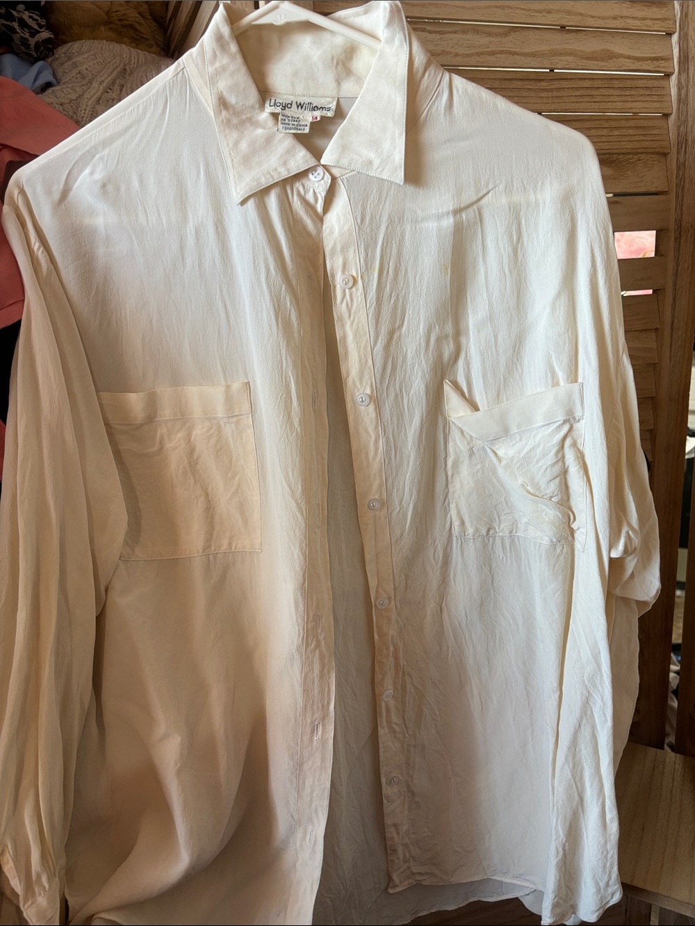 Cream Long-Sleeve Silk Button-Up Shirt 14